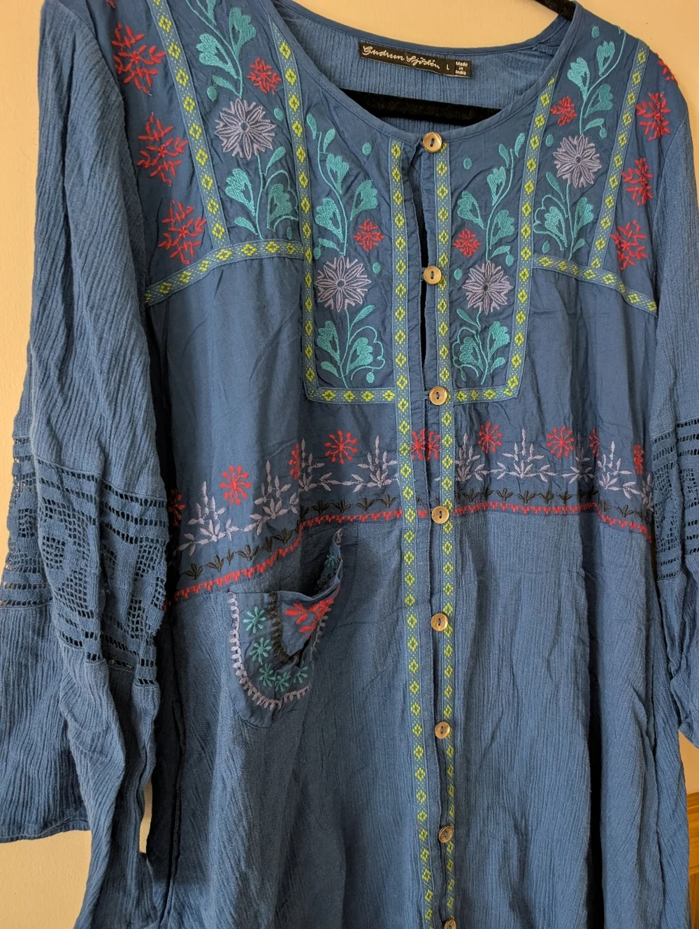Gudrun Sjoden Embroidered Cotton Floral Folklore Button Down Mini Dress Size L - Picture 4 of 8